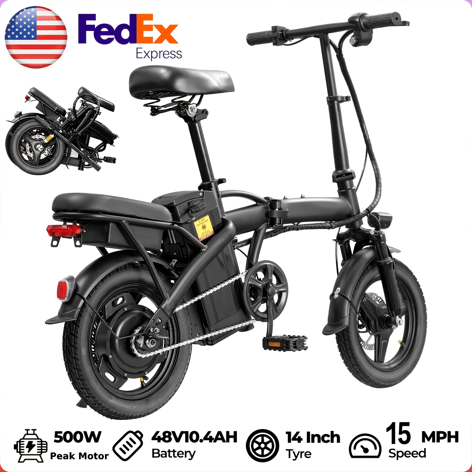 14 Inch Folding Electric Bike with 500W Motor, Portable Commuter Bicycle, Speeds 15-24 MPH