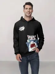 mens 3d cartoon cat shark print hoodie casual long sleeve pullover with kangaroo for details 0