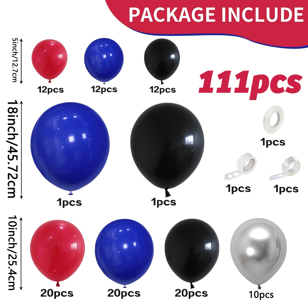 TEMU Kit d' à ballons 111 pièces rouge, bleu, noir, guirlande de 18/10/5 pouces bleue, rouge, noire, avec ballons en latex argenté métallisé, pour
