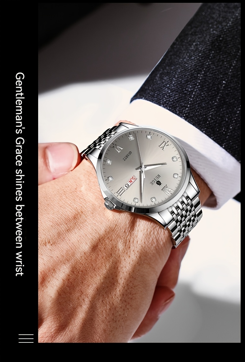  mens stainless steel quartz watch elegant glow in the dark dial with calendar roman date display design thanksgiving day gifts details 6