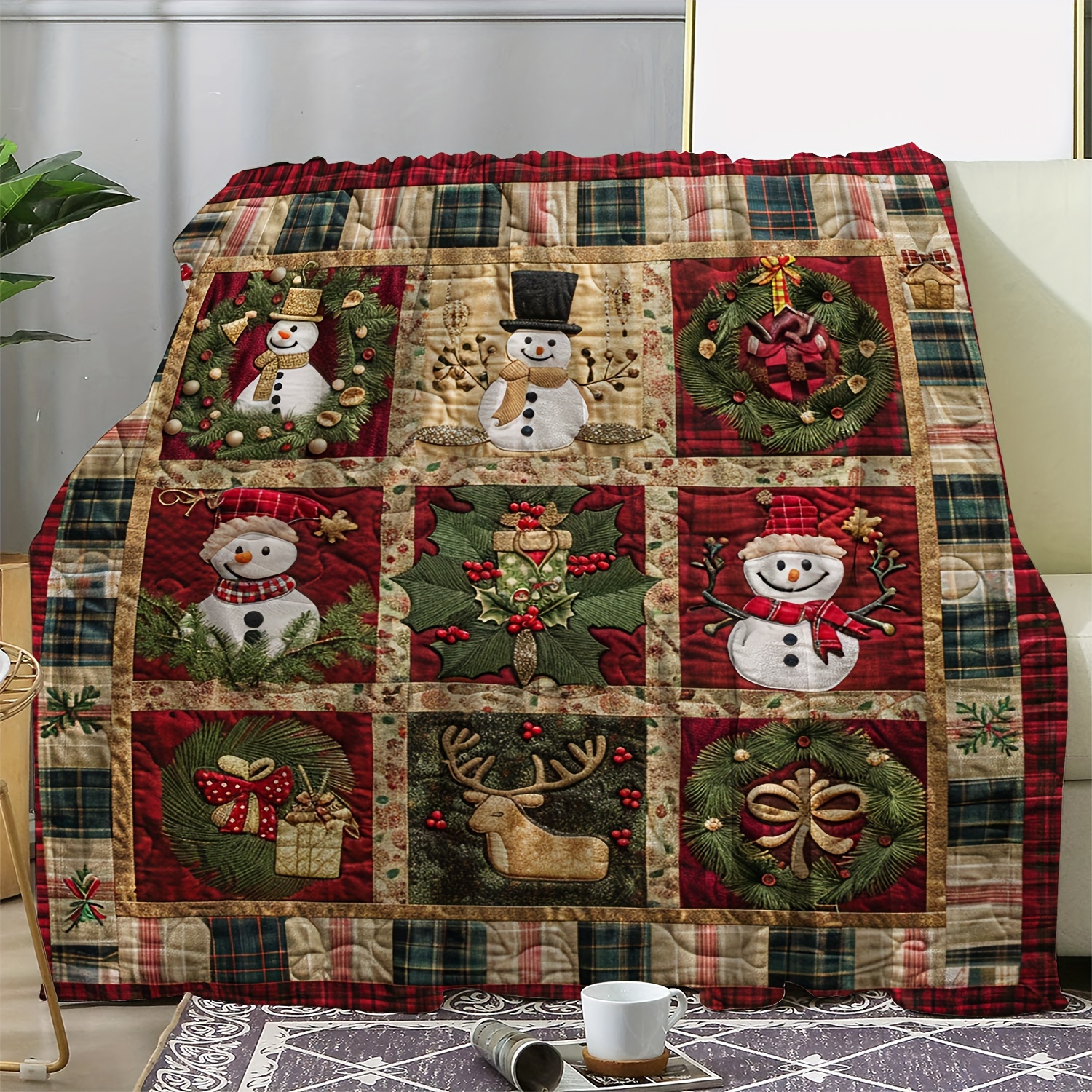 

Cozy Vintage Christmas Wreath & Snowman Plaid Flannel Blanket - Soft, Warm Throw For Couch, Bed, Car, Office, Camping - Versatile All-season Gift