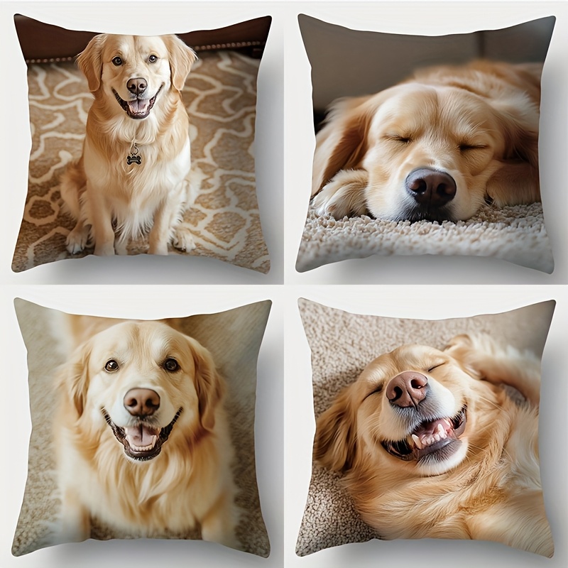 TEMU Four-piece Collection Featuring A Printed Pillowcase With A Golden Retriever Design. The Pillow Showcases The Dog In Different Poses, Sitting Or