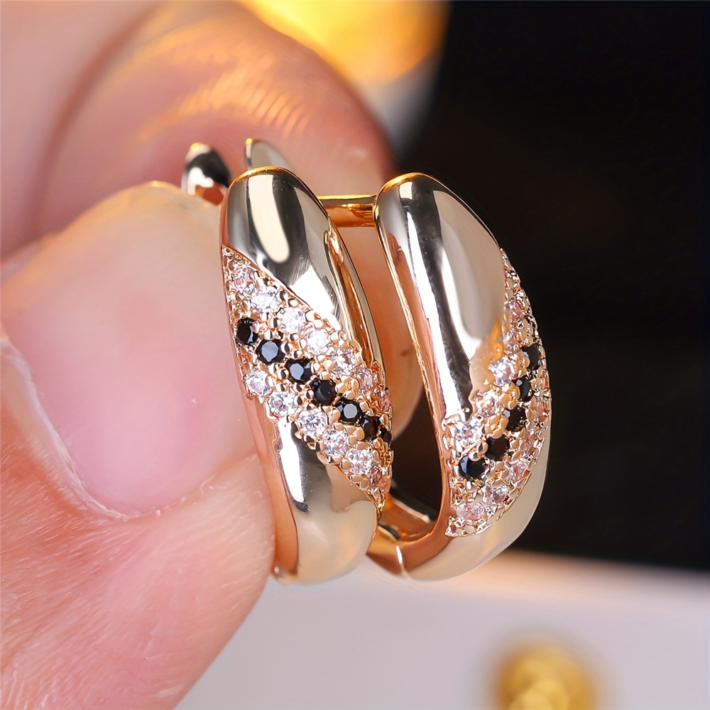 Image of 1 Pair Women' Black Synthetic Zirconia Stone Round Hoop Earrings, Luxurious Jewelry For Women