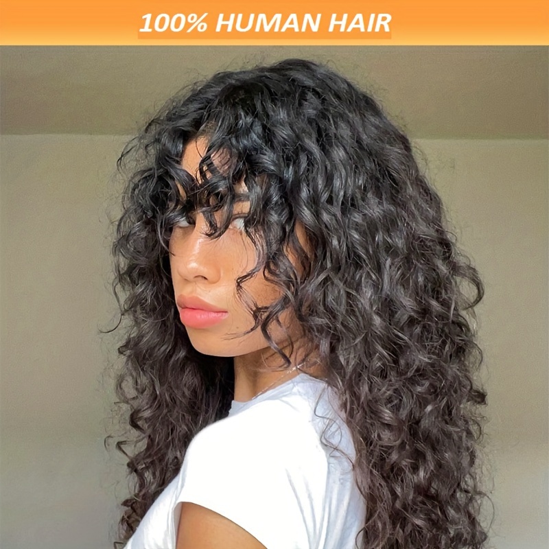 

Long Human Hair Wigs With Bangs 16 Inch Natural Human Hair No Lace Machine Made Water Wave Curly Wigs 180% Density