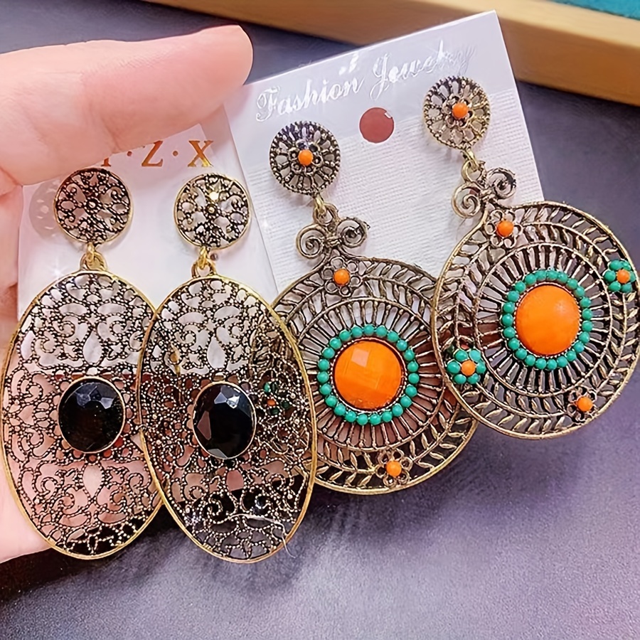 10 pairs vintage tribal style copper alloy earrings set synthetic zirconia inlaid   birthstone religious symbols theme copper ear needle non feather for daily party wear valentines day gift random opp bag packaging details 4