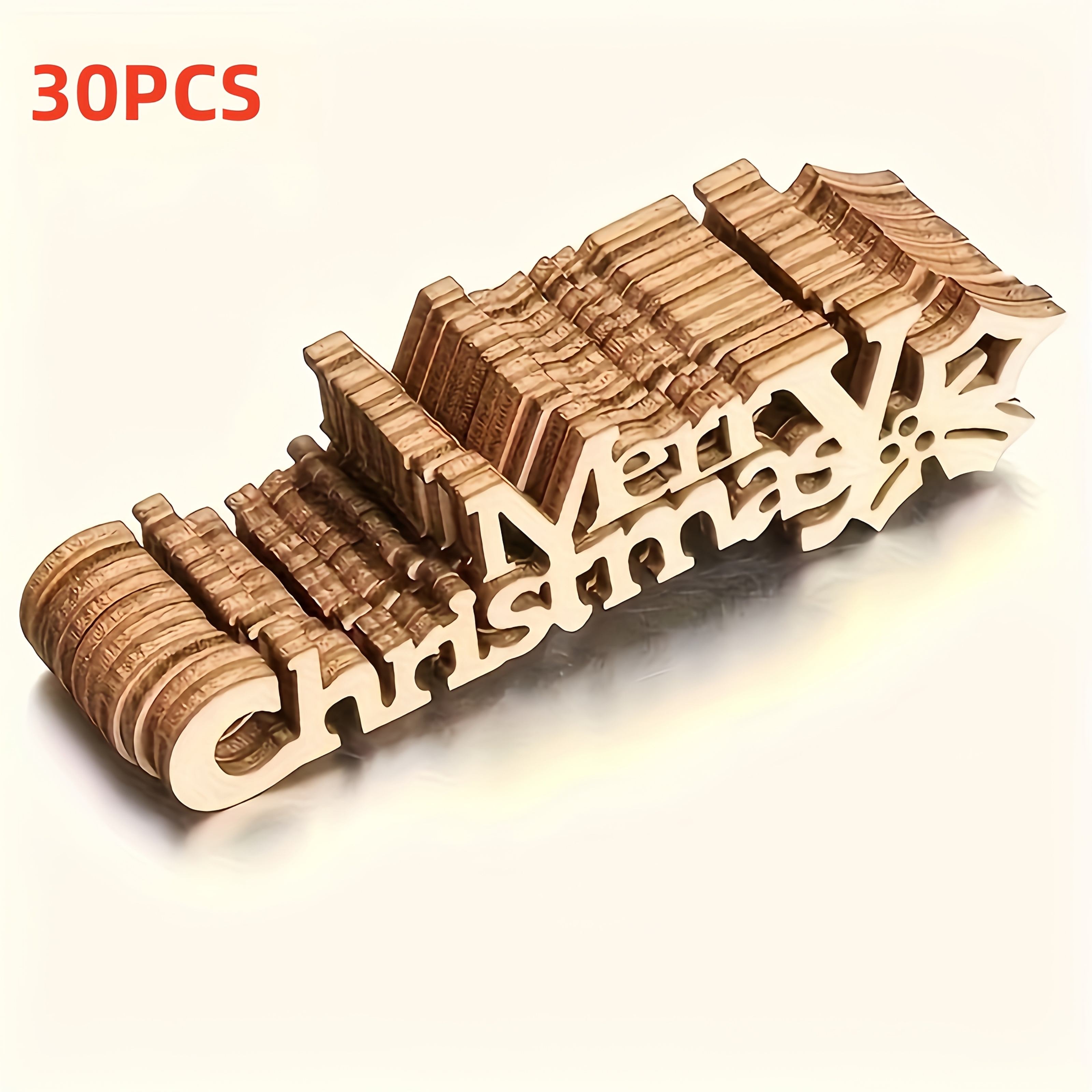 Image of 30pcs Merry Christmas Wooden Cutouts - Unfinished Blank Crafts, Suitable For Diy Holiday Decorations, Scrapbooking, And Crafts