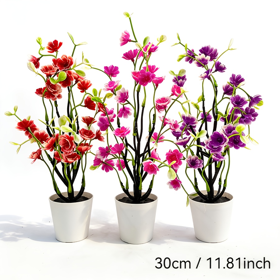 Image of 3pcs Artificial Plum Fake Flowers, Living Room Tabletop Decorative Potted Plants, 3-color Artificial Flower Arrangement, Indoor Decor Office Desktop Decoration, 30cm/11.81in
