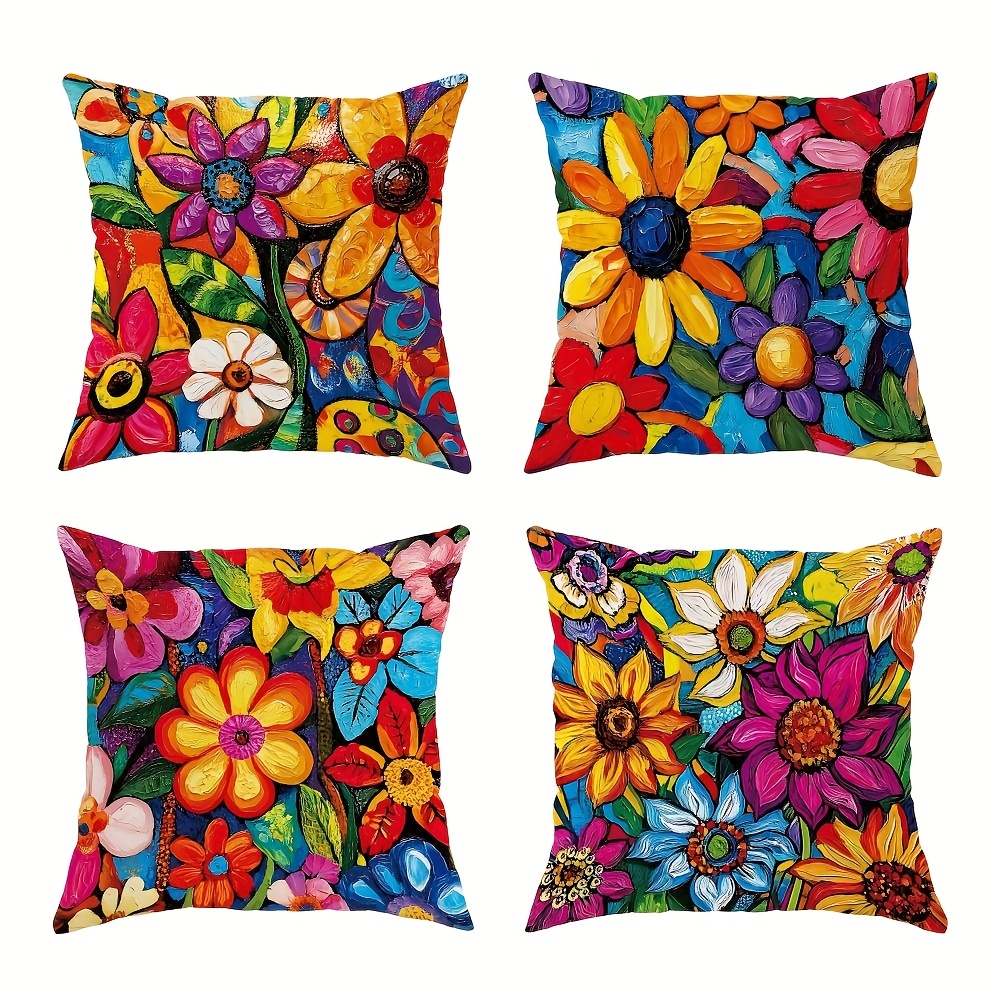 TEMU 4pcs, Outdoor Cushion Covers With Bohemian Floral Pattern In Yellow, Pink, And Blue, Single-sided Print, Suitable For Balcony, Garden, Patio
