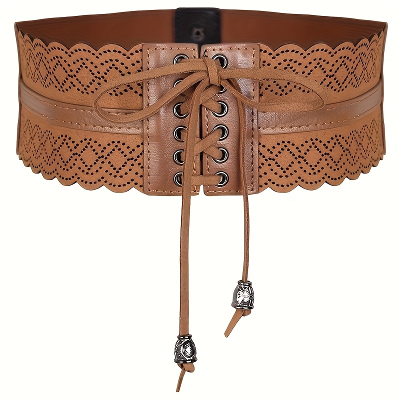 Image of Women's Vintage Elastic Drawstring Wide Waist Cincher With Burnt-out Floral Embroidery And Lace Trim, Stretch Belt For Skirts