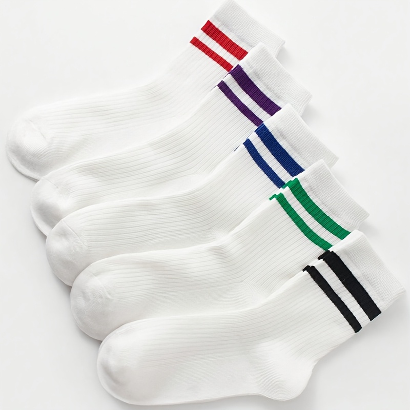 5-pack Kids' Striped School Socks With Double- - Multicolor Mid-calf Casual & Socks Suitable For &, Spring Summer Back-to-school (random Colors)