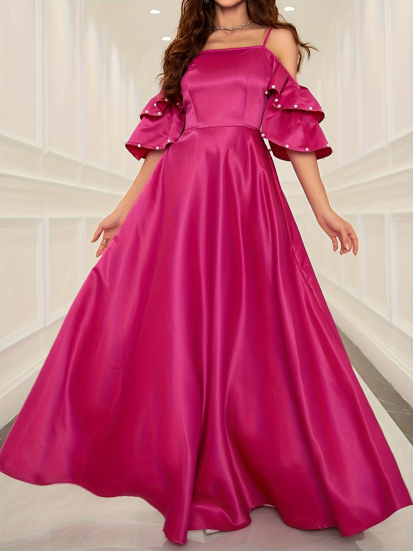 Chic Hot Pink Satin Off-Shoulder A-Line Evening Dress - Ideal for Wedding Guests, Prom, And Formal * | Cocktail Event | Full Length | High-Waisted | Celebration Dress | Maxi