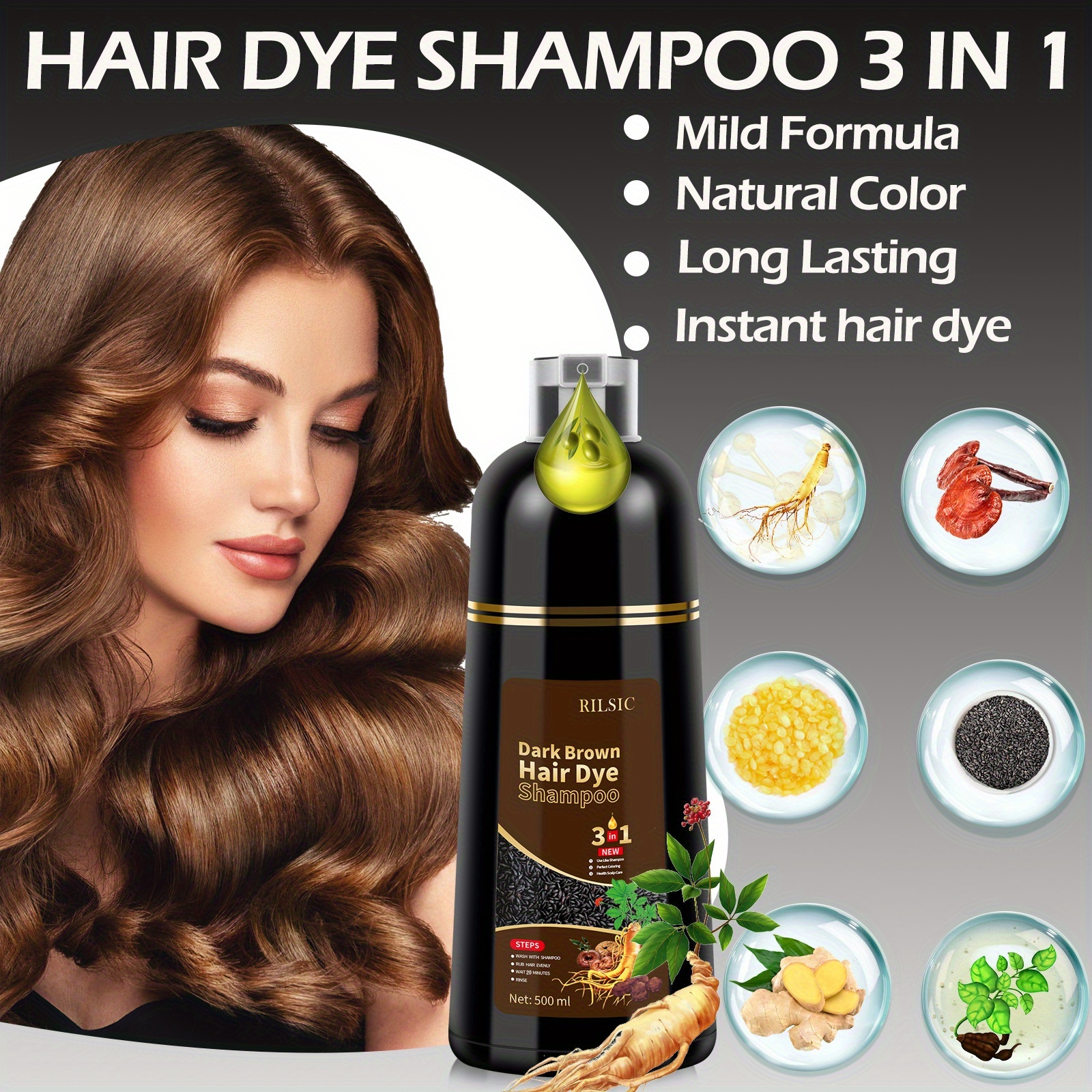 RILSIC 3pcs Hair Dye Shampoo, Quick Acting Hair Dye, Highly Coverage Of White Hair, Containing Ginseng Essence Extract, Moisturizing Hair Care - Both Male And Female Adults Can Use, Suitable for All Kinds Of Hair