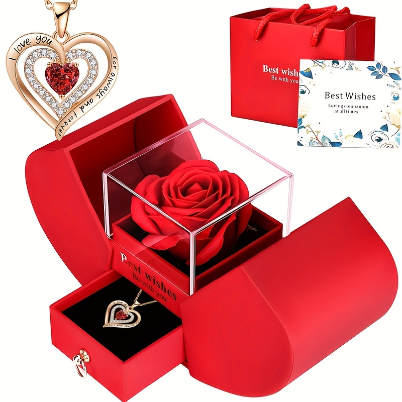 

Eternal Rose Double Door Jewelry Box With Heart-shaped Necklace - Perfect Gift For Anniversary, Wedding, Birthday, Jewelry Gift Box, Valentine's Day, Birthdays, Day And Perfect Gift For Girlfriend