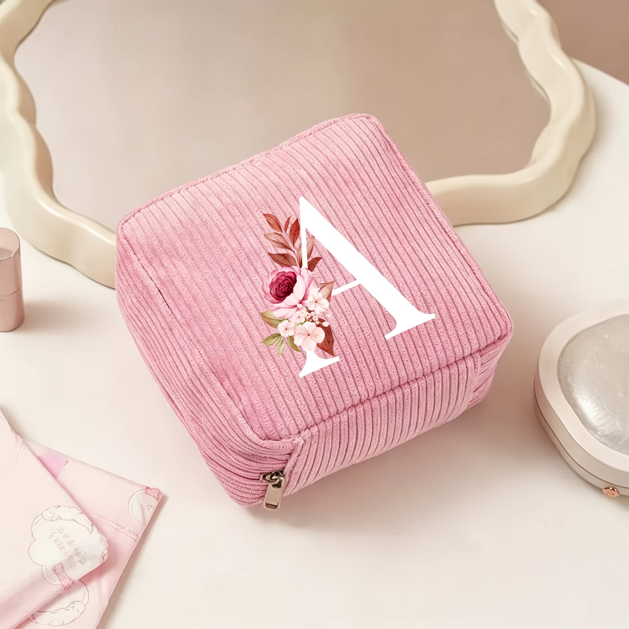 TEMU 1pc Letter A-z Rose Floral Pattern Sanitary Pad Storage Bag Large Capacity Portable Makeup Bag ' Swab Organizer Women' Purse Makeup Bag Holiday