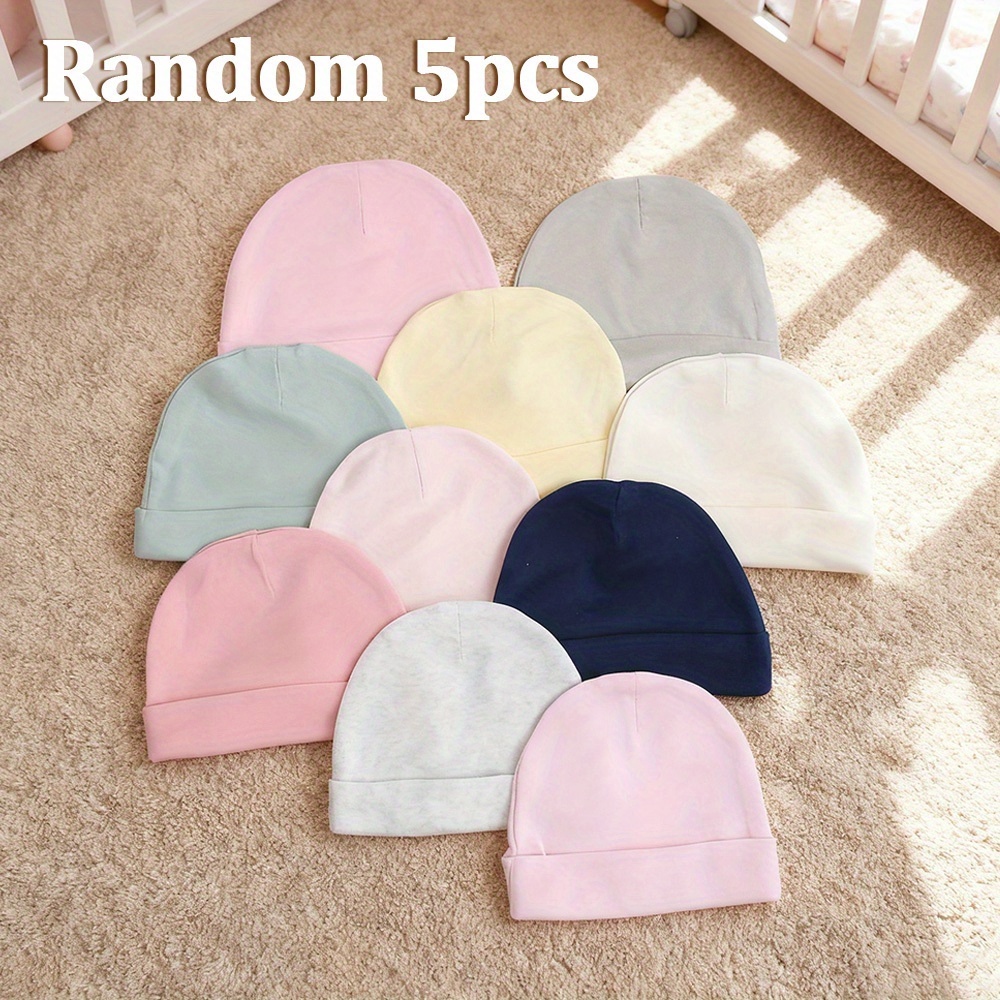 Image of 5pcs Set, , Girls' Hats, Simple Solid Colors, Multiple Colors, Soft And Comfortable, Newborn Hats, For