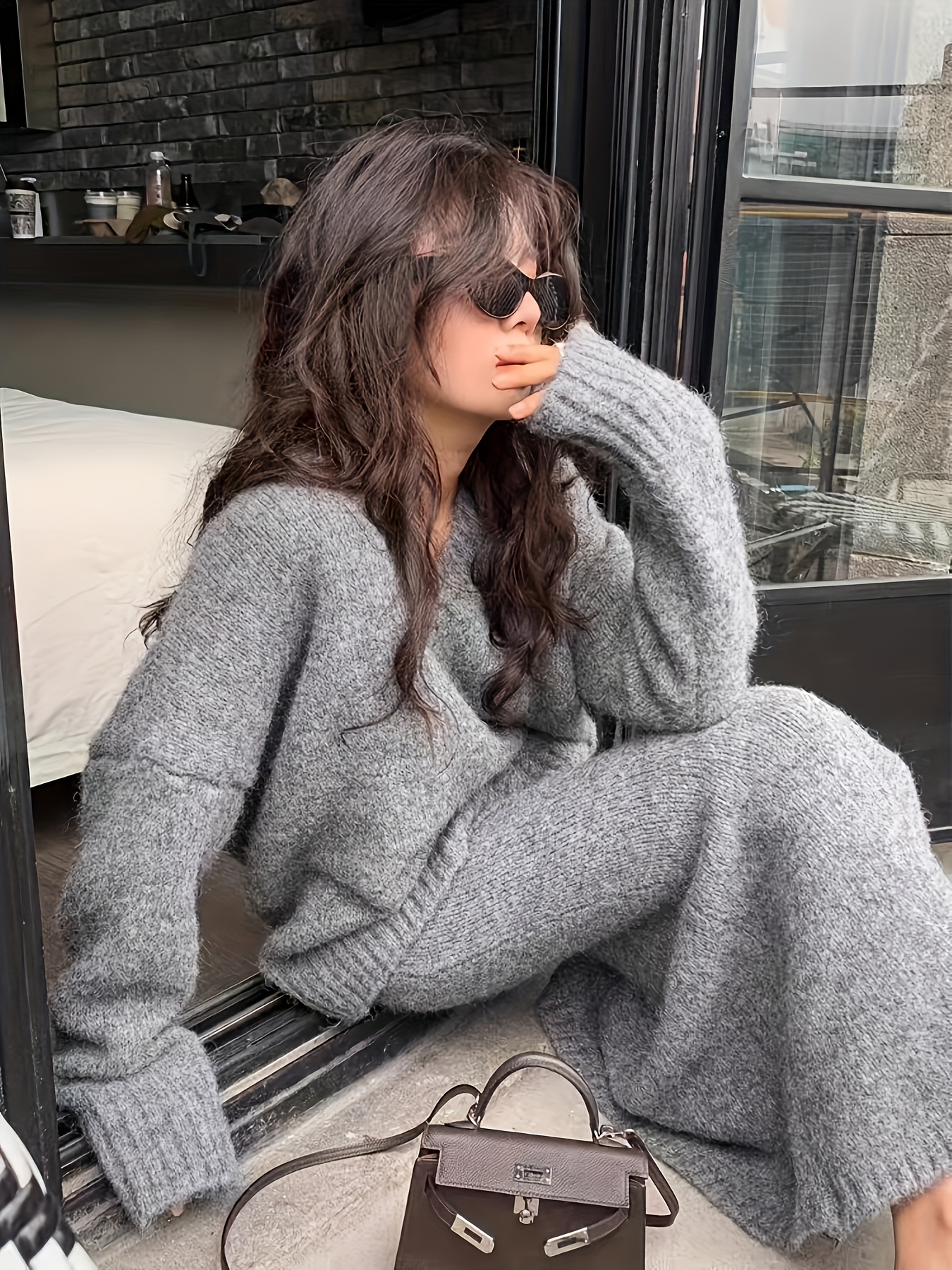 um lazy style sweater set dress womens autumn winter v neck Temu