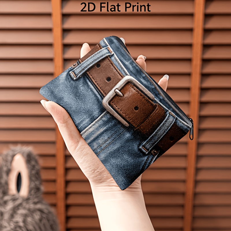 TEMU Coin Purse 1pc, Jeans With Brown Belt Material Coin Bag, Small Portable Key/earphone/coin Storage Bag, Zipper Closure, Convenient Card Holder,