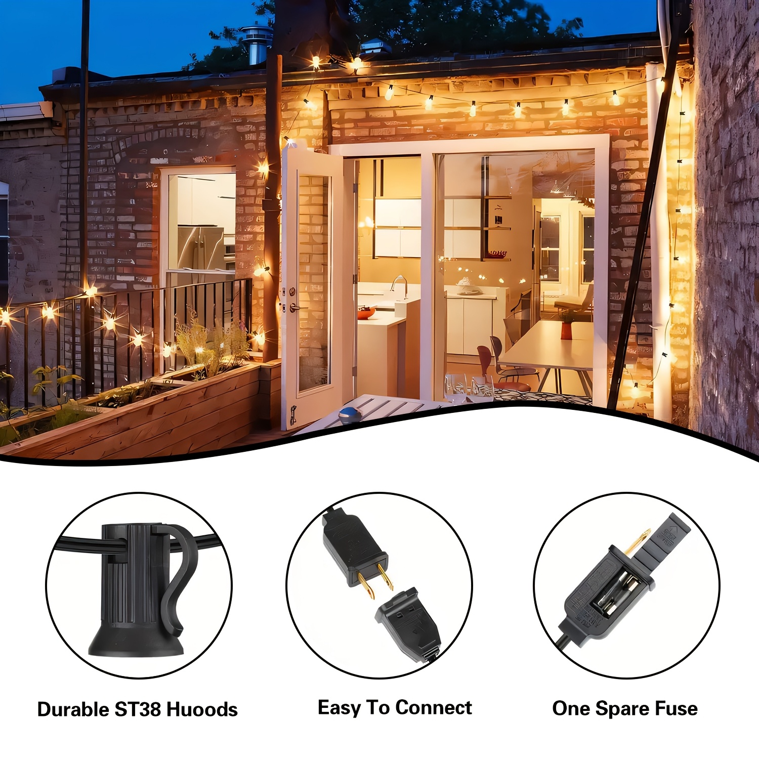 50-200 ft LED Outdoor String Lights with Shatterproof ST38 Edison Bulbs, E12 Socket, Black Wire, 2700K Dimmable Hanging Lights for Party and
