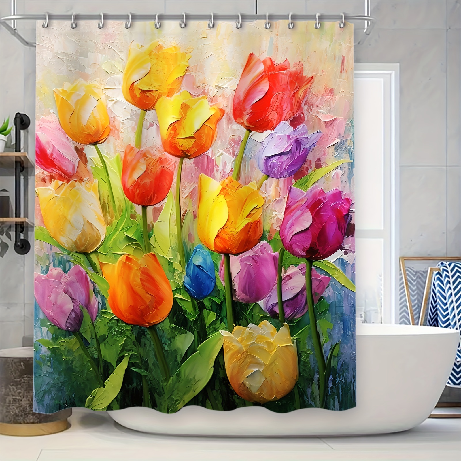 

1pc Floral Oil Painting Shower Curtain Set, 70.8"x70.8" Waterproof Bathroom Partition Curtains With 12 Hooks, Mold Resistant Bath Decor For Home Tub, Stylish Colorful Tulips Design