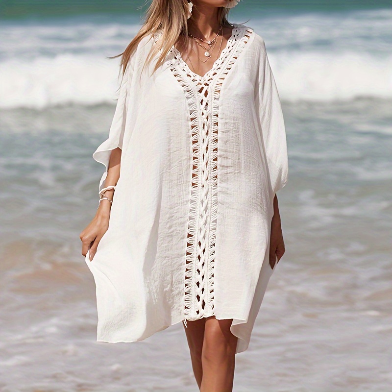boho v neck long sleeve beach cover polyester hollow floral Temu