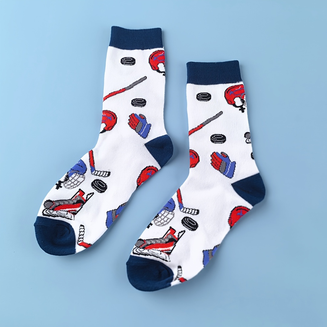 Image of 1 Pair Cartoon Sports Ice Hockey Pattern Men's Mid-calf Socks