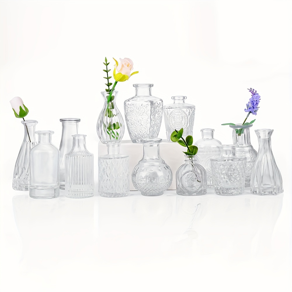 

14pcs Small Flower Vase Glass Bud Vase Set In Bulk, Transparent Relief Vases For Centerpieces, Mini Vintage Glass Flower Vases For Wedding Home Table Party Decormulti-size