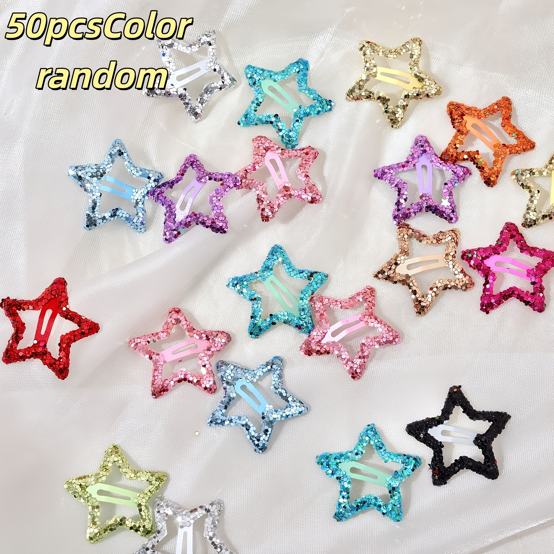 TEMU 50pcs Assorted Color Hair Clips, Cute Assorted Glittery Five-pointed Star Hairpins, Non-slip Bang Clips, Suitable For Daily And Party Use
