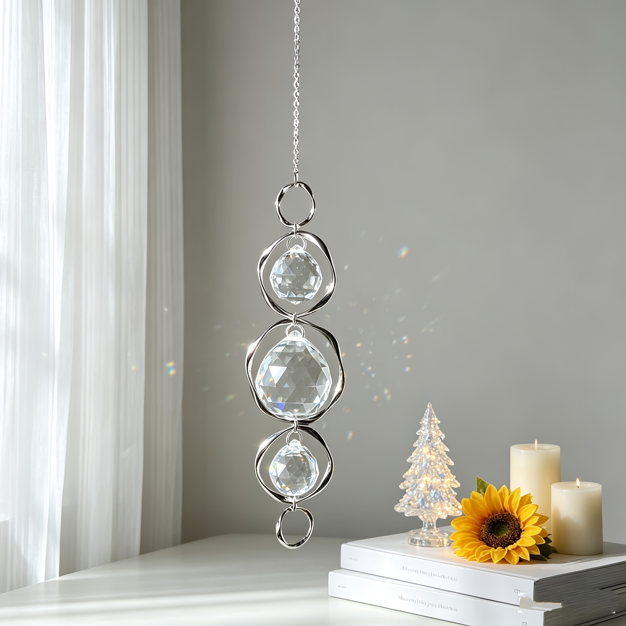 Image of Silvery Irregular Ring Catcher Hanging Ornament, Clear Prism Window Pendant, Indoor Home Garden Car Rearview Mirror Decor, Christmas Halloween Birthday Holiday Gift