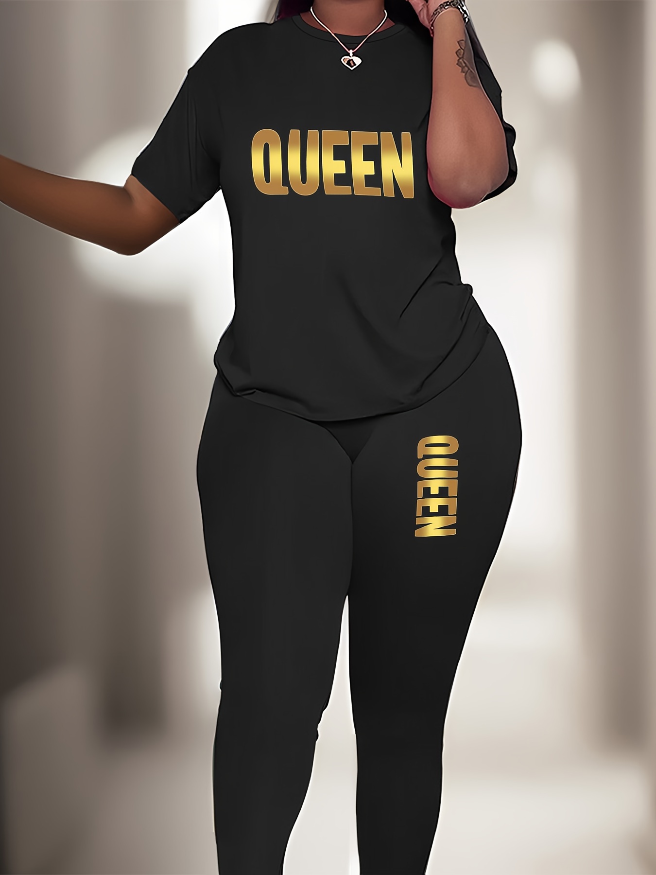 Women's Sports Outfit Set Plus Size Queen Letter Print Black - Temu