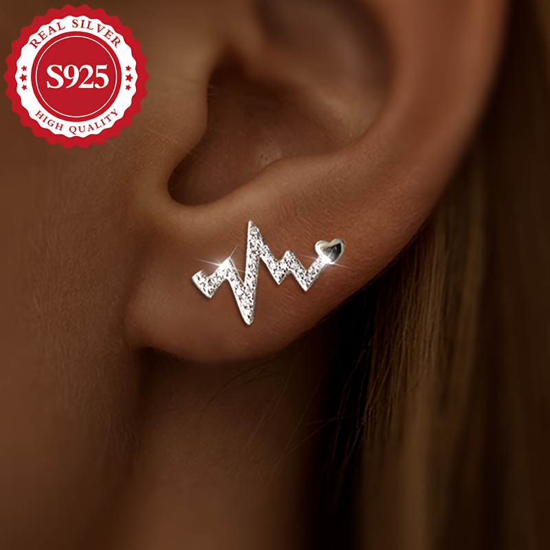 A Pair, S925 Silver, Ladies Heartbeat Beating Heart Stud Earrings, Earrings, Electrocardiogram, Hypoallergenic