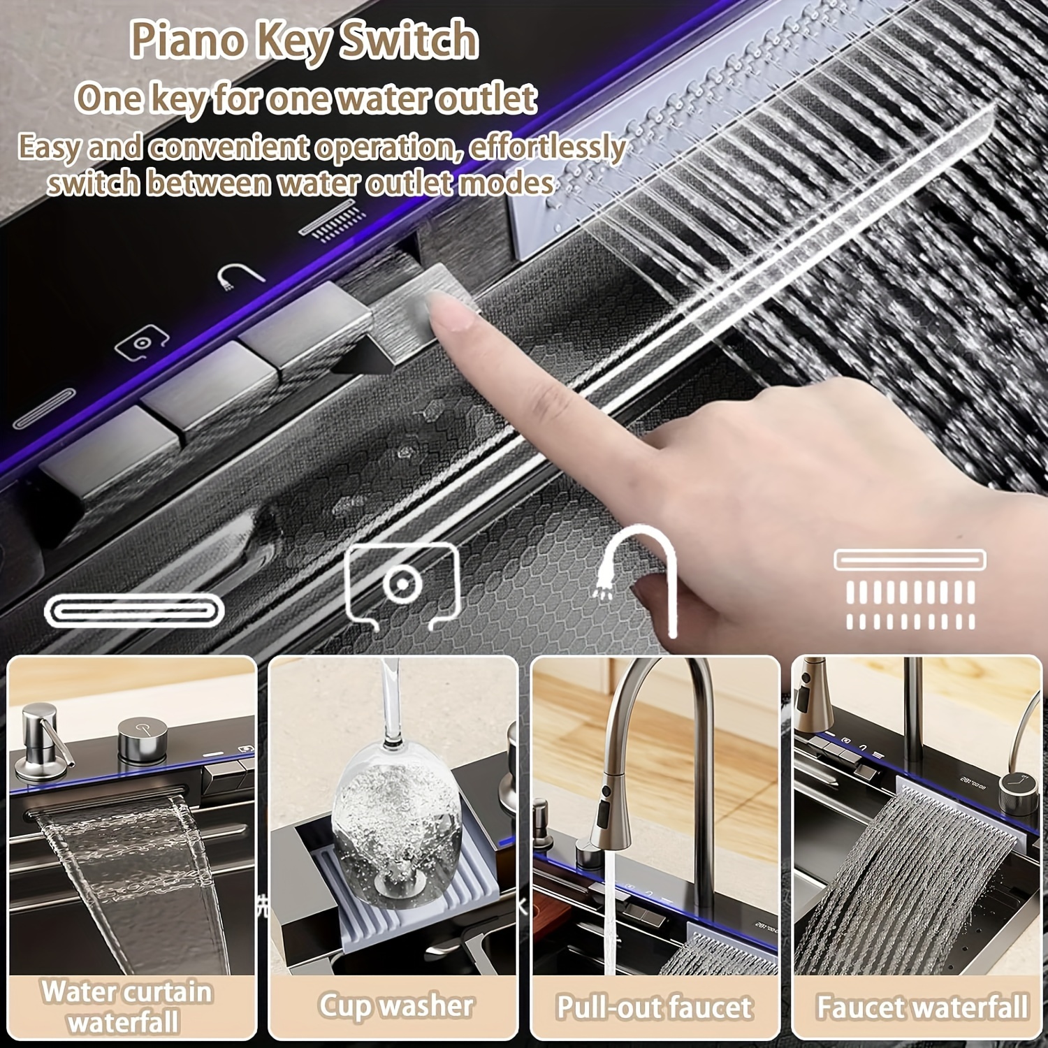 1 Set Single Bowl Kitchen Sink, Stainless Steel Undercounter Sink with Pull Down Sprayhead Faucet, Contemporary Rectangle Bar Sink, Brushed Gun Gray Finish, Right Drain Location, Faucet-included, No Battery No Electricity Needed