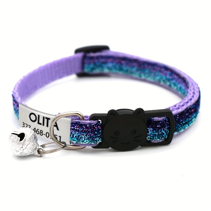 TEMU Personalized Sparkling Cat Collar With Engraved Id Tag & Bell - Vibrant Glitter Design In Multiple Colors, Custom Name Pendant For Kittens & ,