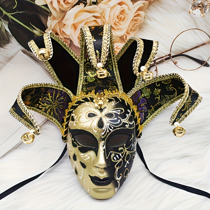 Hand-Painted Venetian Masquerade Mask - Four-Leaf Clover Design with Golden & Purple Accents, Lightweight Carnival Mask for Costume Parties, Themed Events & Festive Celebrations, Art Deco Costume, Costume Party Accessory, Ornate Horn Decorations, Durable Decoration, Intricate Detailing