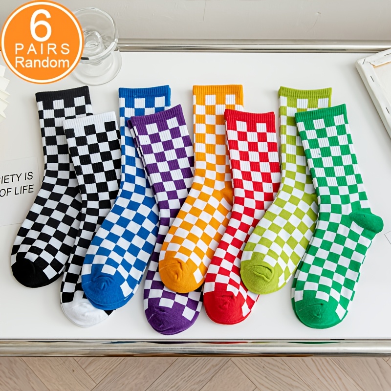 TEMU Random 4/6/8 Pairs Women's Design Checkered Mid-calf Socks, Comfortable Mid-calf Socks