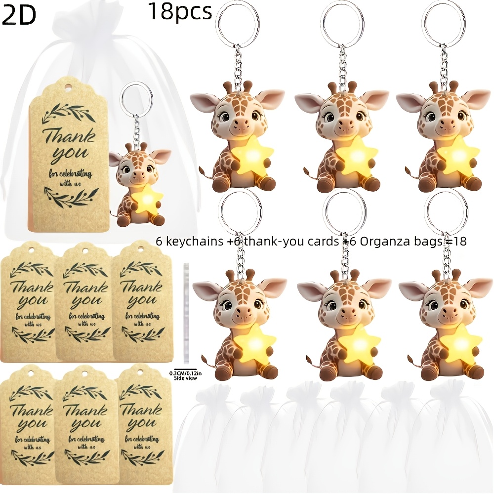 TEMU 2d Flat, 18pcs 2d Flat Fawn Keyring Set With Star - Includes 6 Acrylic 2d Keychains + 6 Thank You Cards + 6 Gift Organza Bags. Suitable For