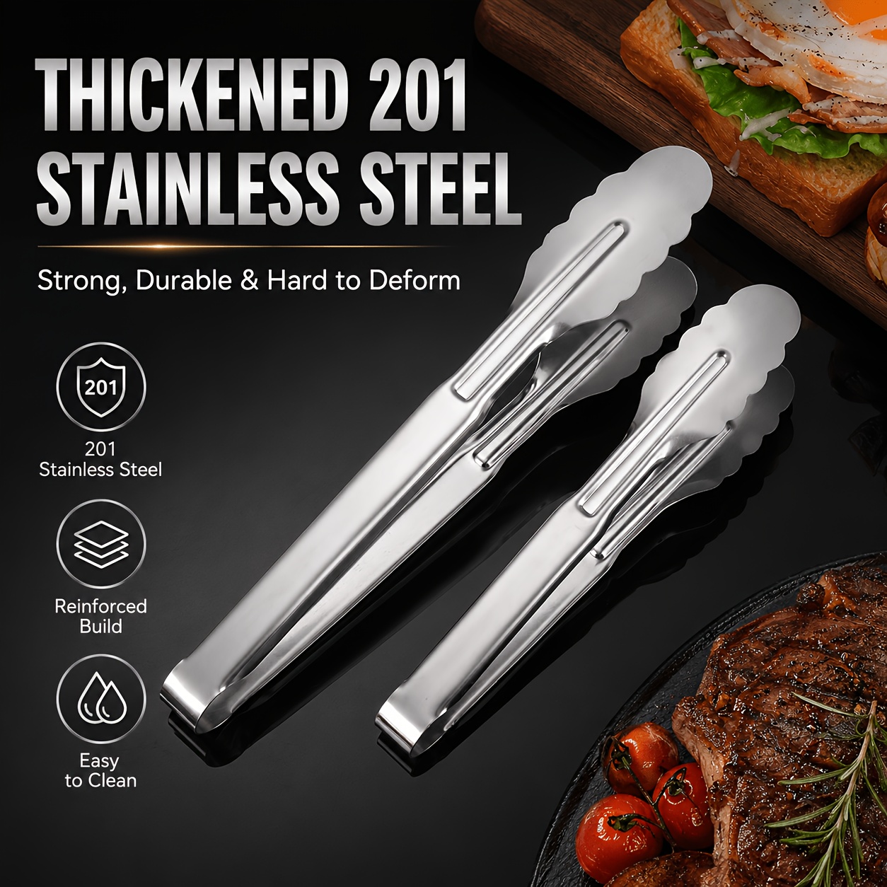 Thickened Stainless Steel BBQ Tongs for Cooking