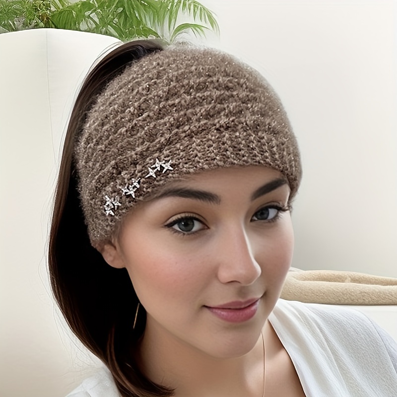 Image of 1pc Women's Hand- Winter Beanie Headband With Star Decorations - Elastic Hook-and-loop Closure, Soft Warm Ear Protection, Options For Casual & Formal Outfits, Stylish Cold Gear