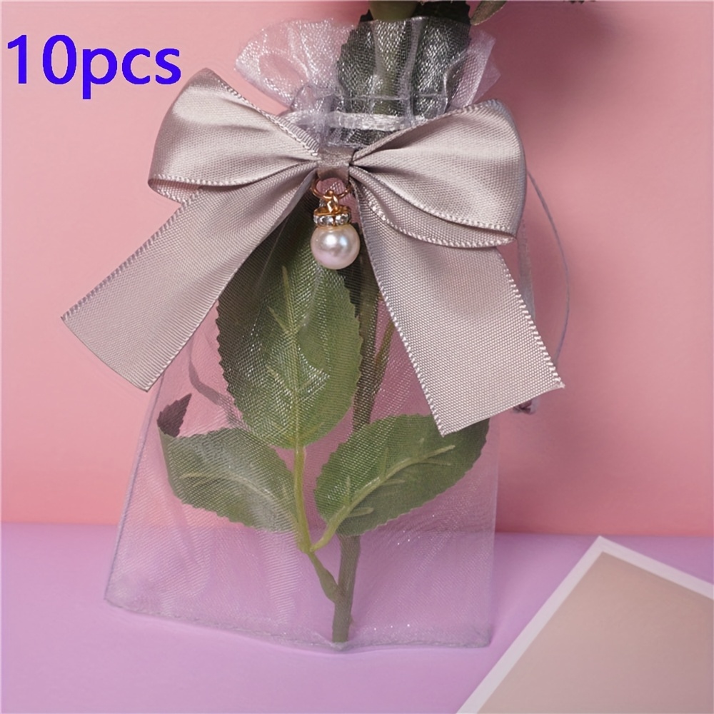 Image of 10pcs Gray Bow Transparent Mesh Bag, Organza Bag, Jewelry Packaging Bag, Wedding Party Gift Bag, Birthday Party Gift Storage Bag Decoration, Christmas Gift Bag,drawstring Bag, Cosmetic Packaging Bag