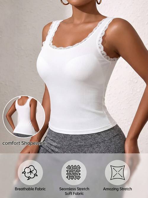 . damen freizeit-alltagsmode-unterhemd mit rippenstruktur, spitzenbesatz, spitzen-trägern gepolstertem camisole-trägertop als basisschicht