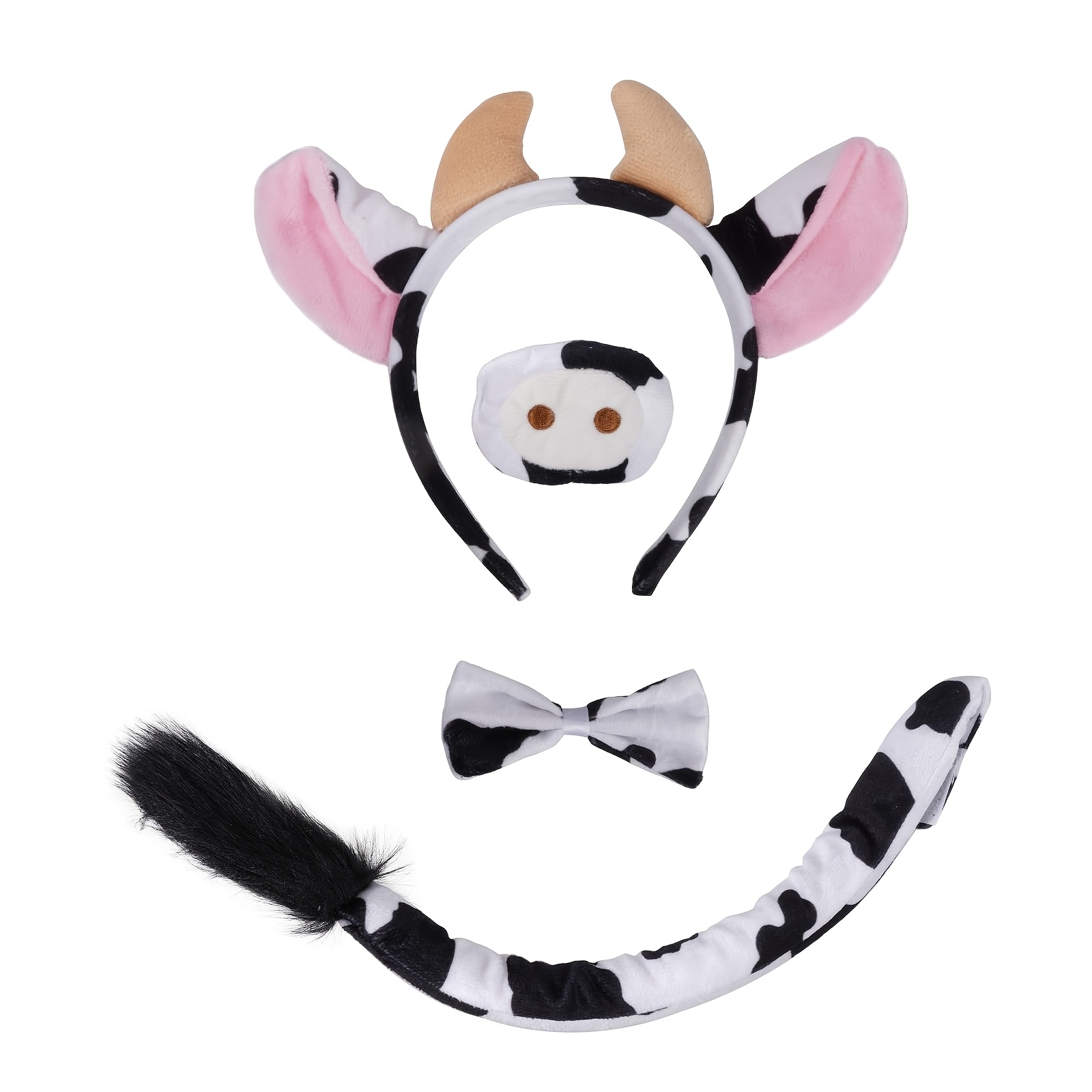 TEMU 4pcs Animal Cow Costume Set: Cow Ears, Cow Tail Headband, Cow Nose Bow Tie, Suitable For Halloween Costumes, Role-playing Parties, Christmas,