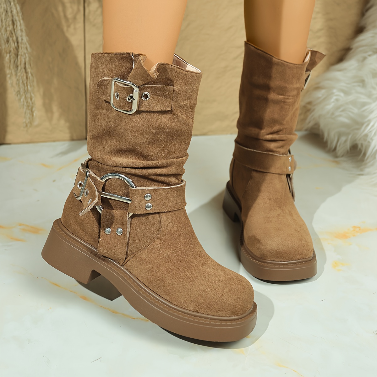 womens wide width low heel round toe calf boots Temu Germany