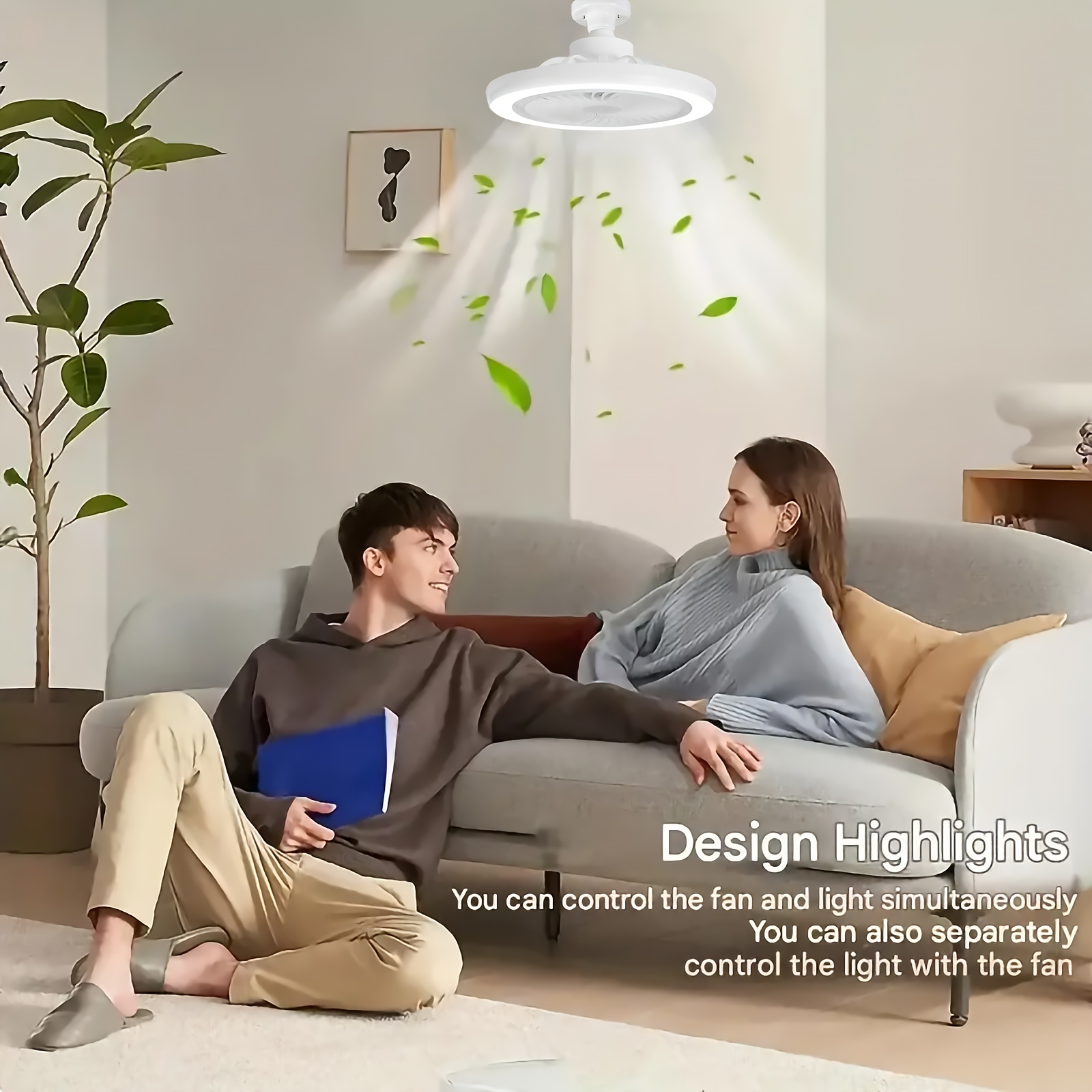 Lámpara de Ventilador de Techo con Casquillo E27/E26, Disponible en Tamaños de 52.07cm y 41.91cm. Incluye Atenuación Remota de 3000K a 6500K, Tres Velocidades de Viento Silenciosas, un Temporizador de 2 o 4 Horas y Fácil Instalación Sin Herramientas, Adecuado para Hogares y Espacios Pequeños