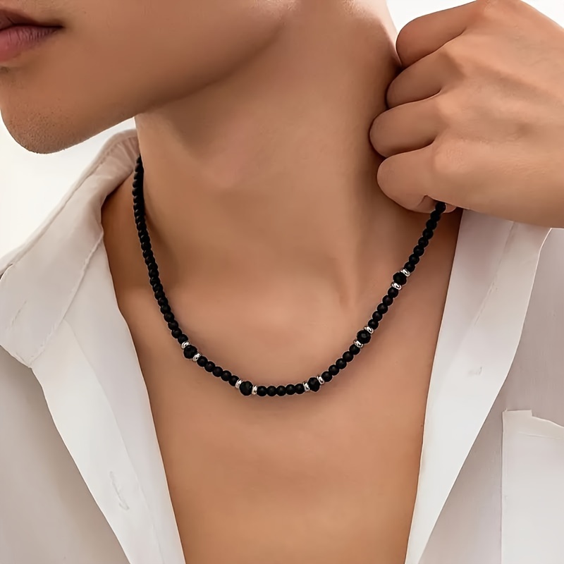 

Elegant Men's Black Glass Bead Necklace - Handcrafted, No Metal Allergy Risk