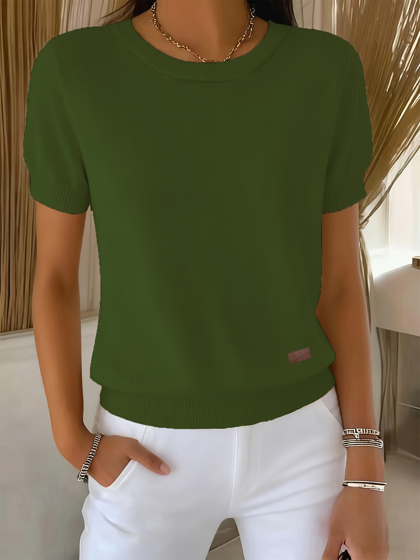womens casual sweater short sleeve loose round neck pullover   stretch comfortable top textured design durable fabric fashionable knitwear soft texture elastic top trendy style