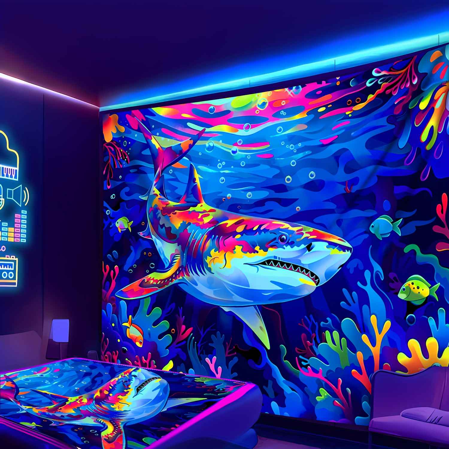 

1 Pc. Underwater Shark Glow Tapestry - Large Size Decor, Suitable For Dorms And Living Rooms - No Installation Required (shows Glow And Natural Light Effects)