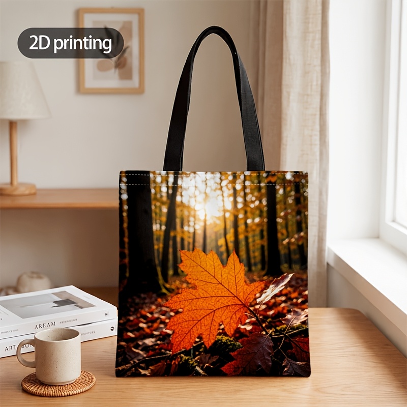 TEMU 2d Flat Crossbody And Handbag For Men And Women, 2d Printed Autumn Forest & Maple Leaf Unisex Tote Bag, Ideal For Commuting, Shopping, School