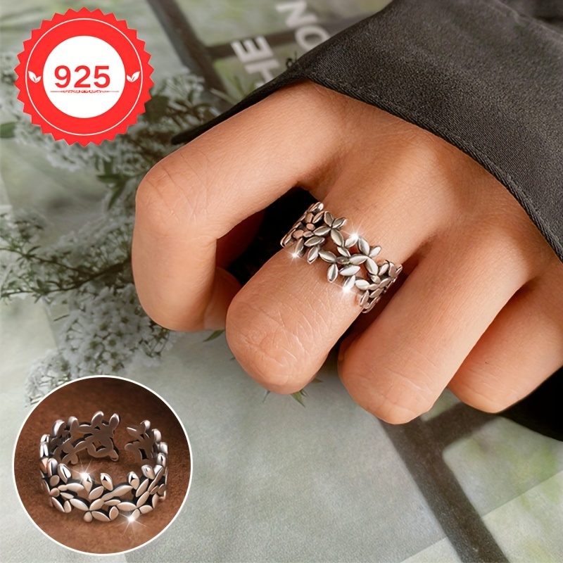 

A Ring S925 Silver Featuring A Vintage Leaf Design, With A Unique Hollow Pattern. It' And Simple, Adjustable At The Opening, Wear, Parties, Or As A Gift - Elegant Jewelry Suitable For All .