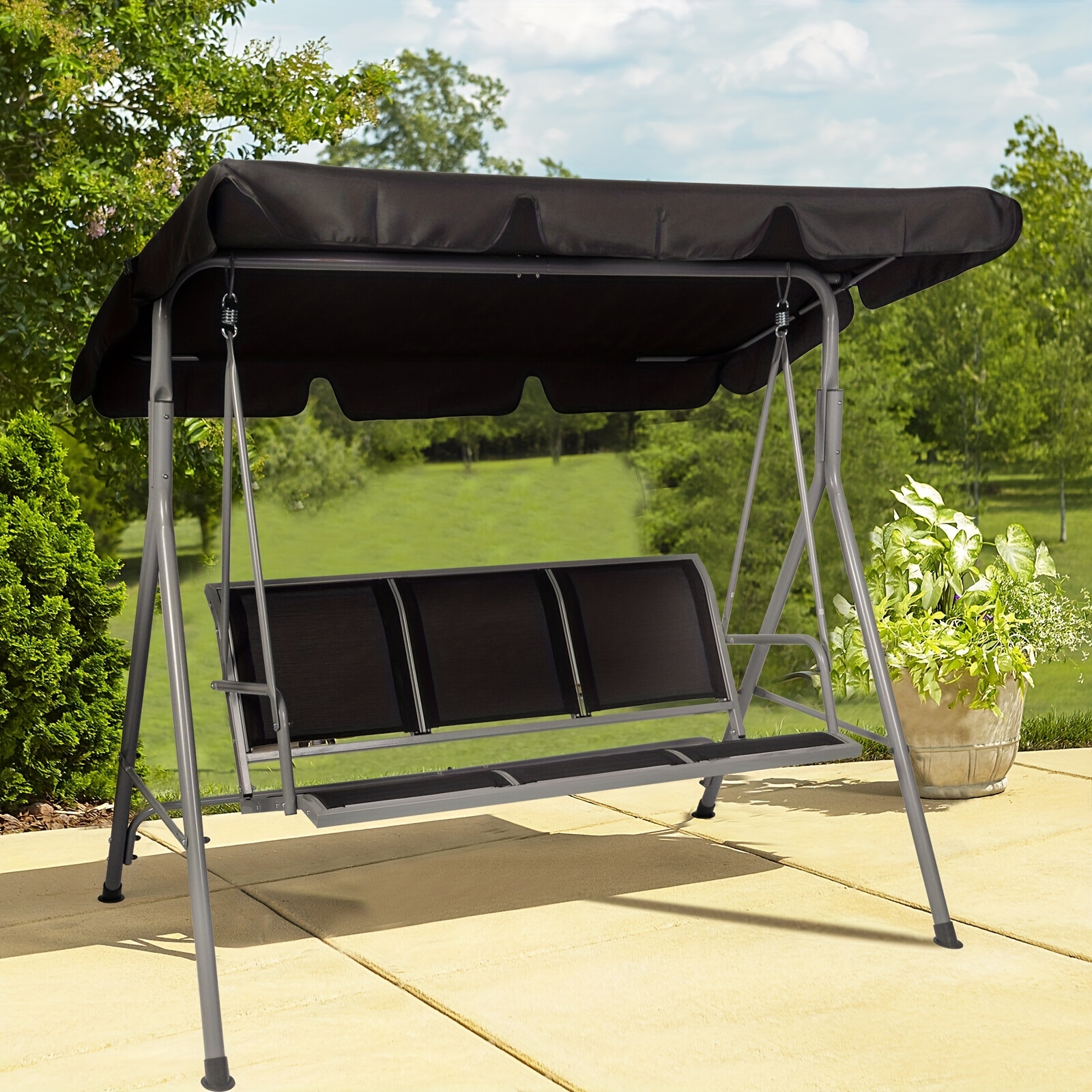 

3-person Outdoor Swing Set With Convertible - Weather-resistant Frame, Breathable Mesh Fabric, Ergonomic Backrest, And Adjustable Shade - Patio & Garden, Black