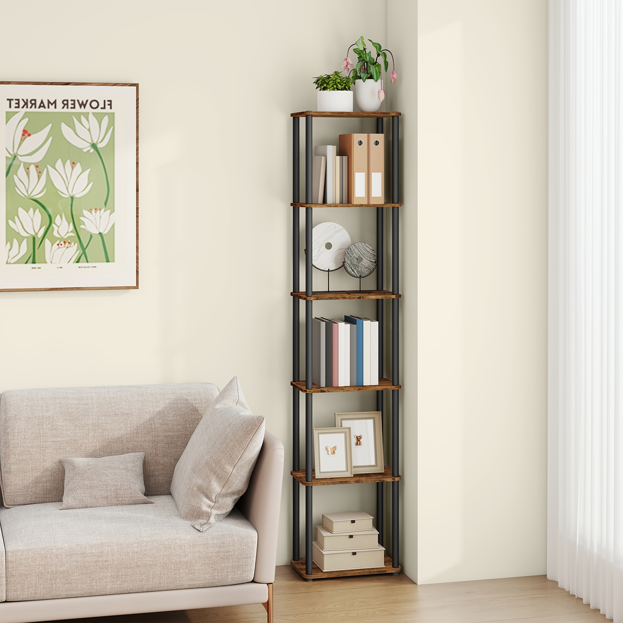 TEMU Superfeste Werkzeuglose Montage, 6-stöckiges Wohnzimmerregal, Stehregal, Schlafzimmer, Küche, 23.8 X 38 X 173.4 Cm, Rustikales Braun und Schwarz