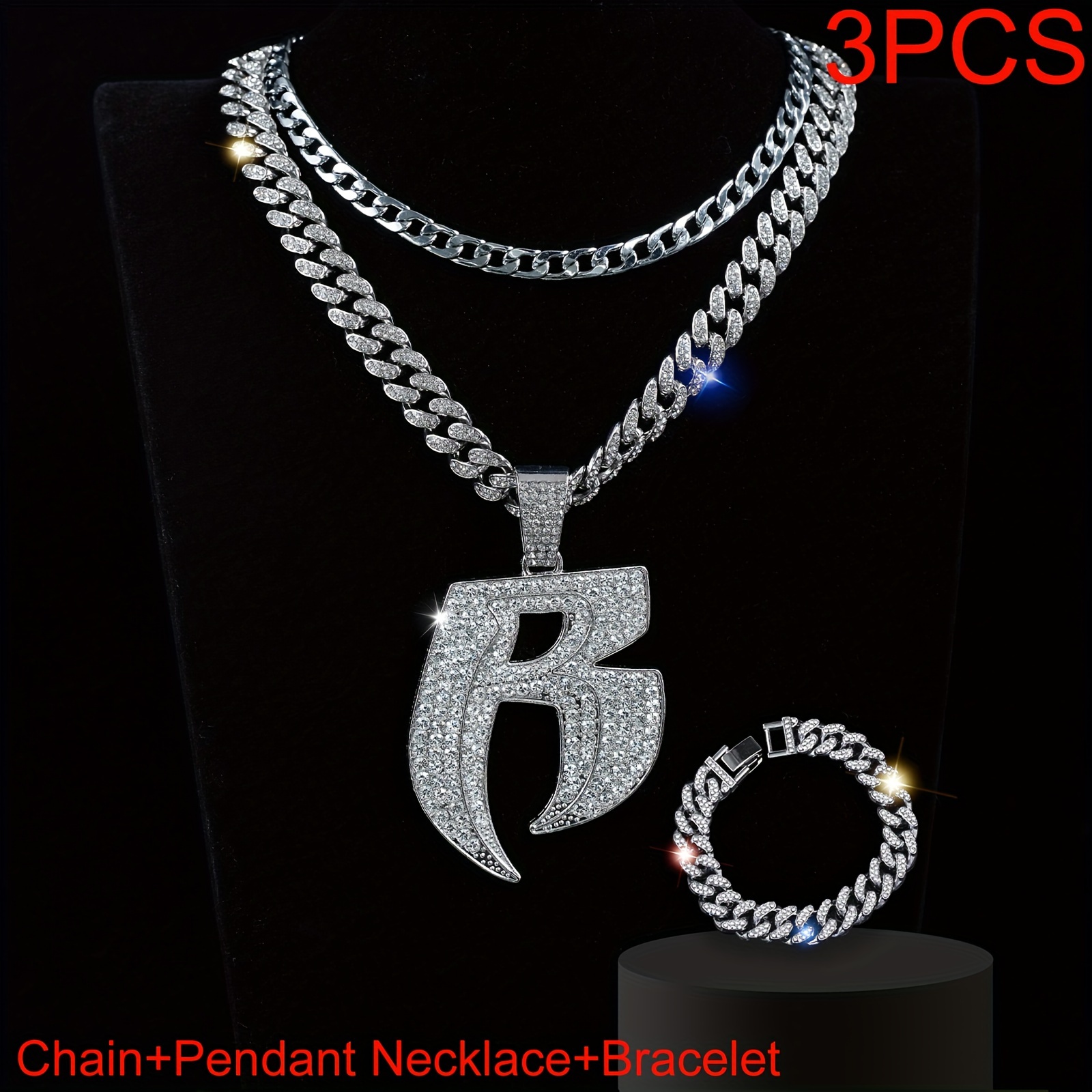 

3pcs Shining Rhinestone Encrusted 'r' Letter Pendant & Ice Cuban Chain Bracelet, Hip-hop Style Necklace For Men And Women, Street Fashion Choker Jewelry Gift